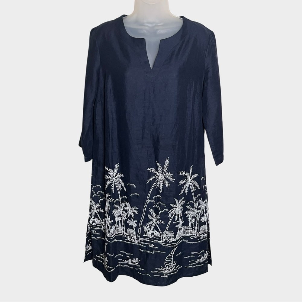 TALBOTS Linen Navy & White Embroidered & Beaded Beach Scene Dress Size Small - Picture 2 of 6